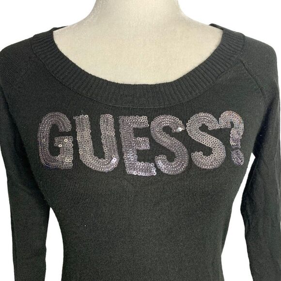 Vintage Guess Sequin Spell Out Sweater L Black Pullover Scoop Neck Ribbed Trim - Picture 2 of 6